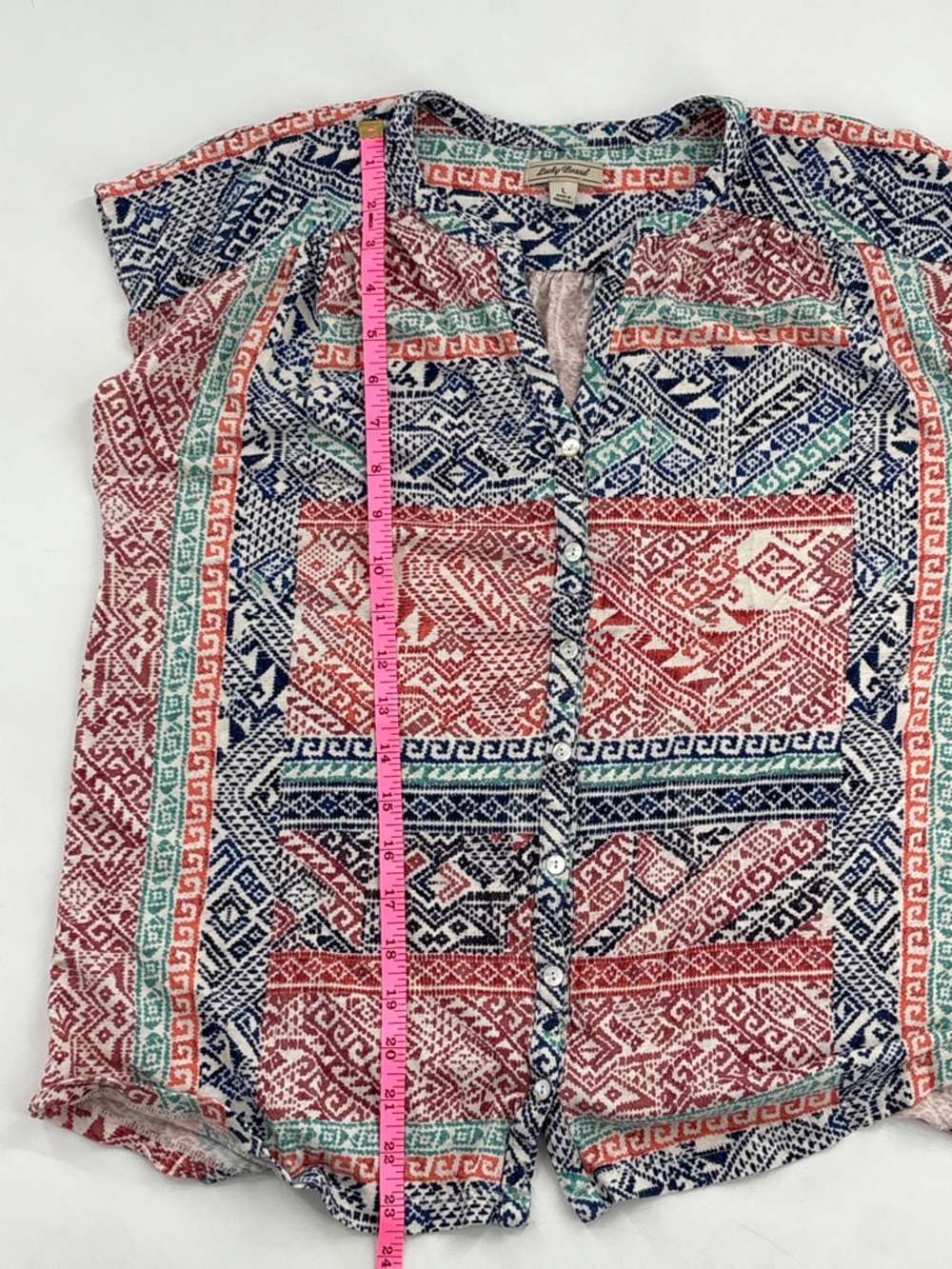 Lucky Brand Coral, Navy & Teal Geometric Cap-Sleeve Button Front Top - Picture 4 of 5